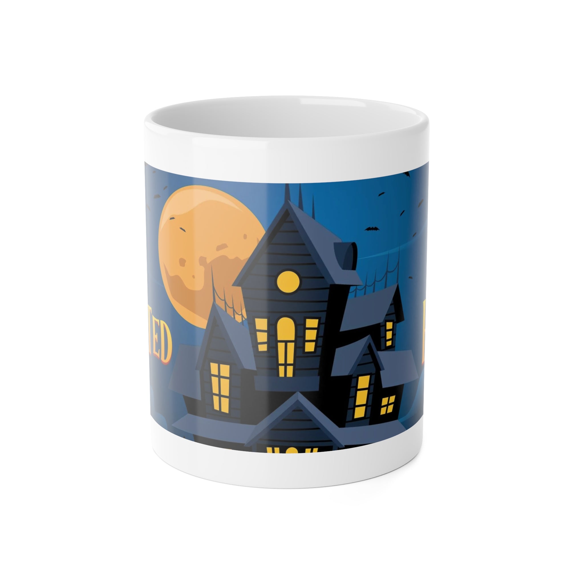 Haunted House Under Full Moon | Halloween Night with Bats | White Ceramic Mug
